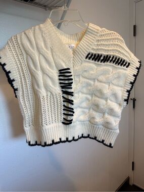 Cream Cable-Knit V-Neck Sweater Vest with Black Trim